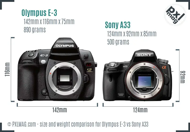 Olympus E-3 vs Sony A33 size comparison