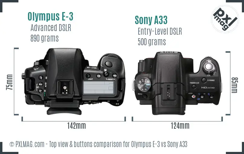 Olympus E-3 vs Sony A33 top view buttons comparison