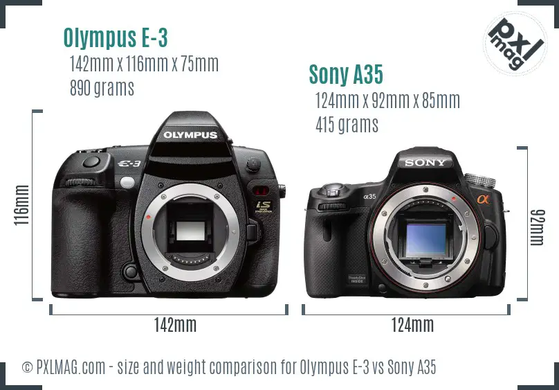 Olympus E-3 vs Sony A35 size comparison
