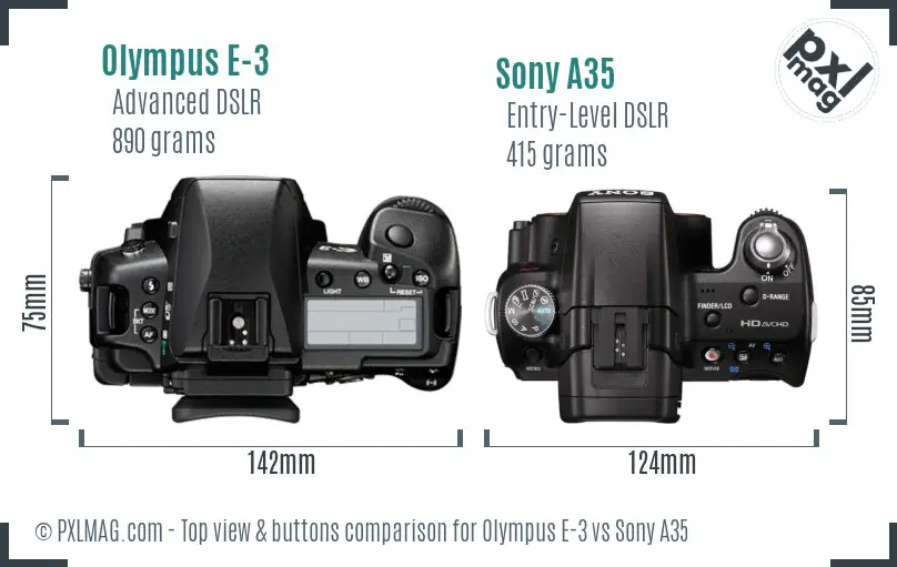 Olympus E-3 vs Sony A35 top view buttons comparison