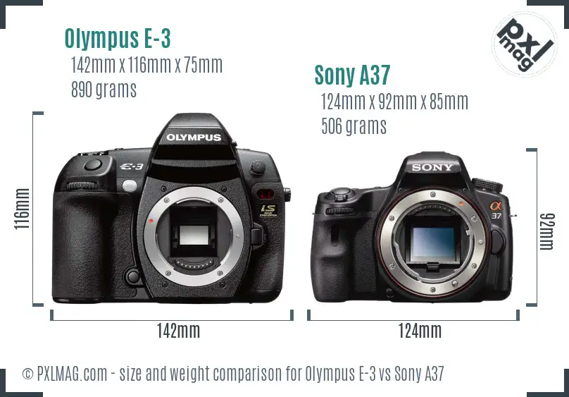 Olympus E-3 vs Sony A37 size comparison