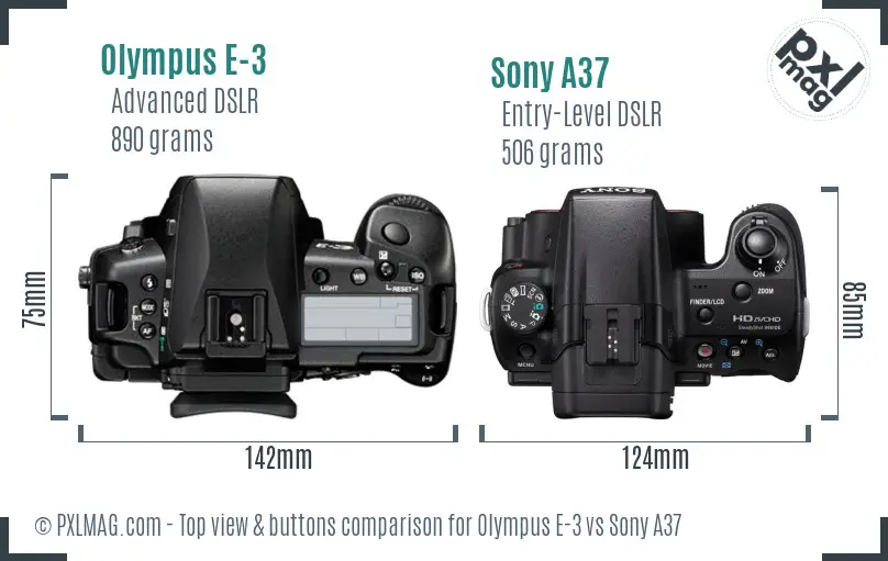 Olympus E-3 vs Sony A37 top view buttons comparison