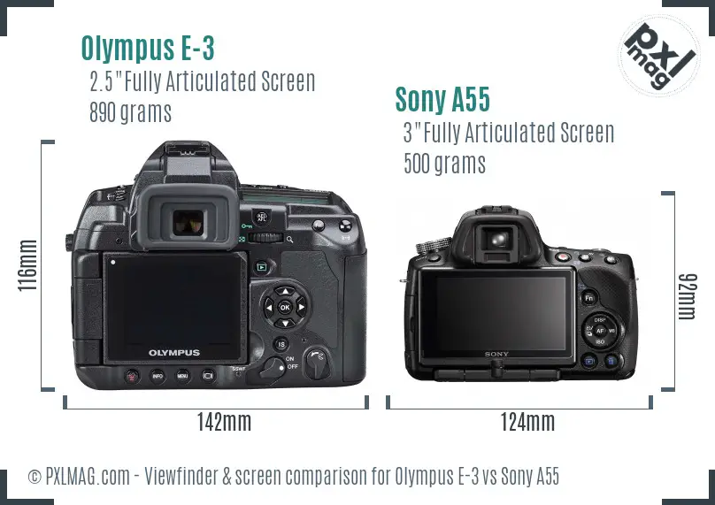 Olympus E-3 vs Sony A55 Screen and Viewfinder comparison