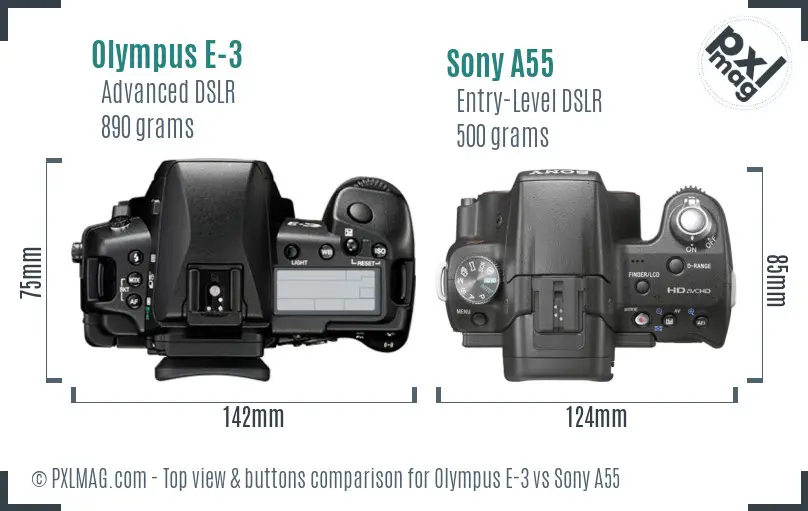 Olympus E-3 vs Sony A55 top view buttons comparison