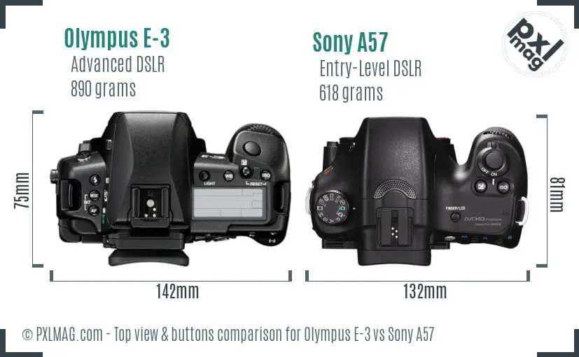 Olympus E-3 vs Sony A57 top view buttons comparison