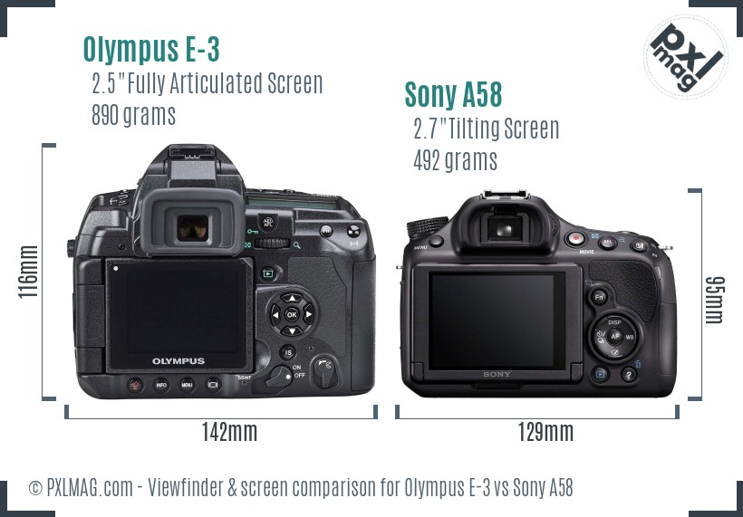 Olympus E-3 vs Sony A58 Screen and Viewfinder comparison