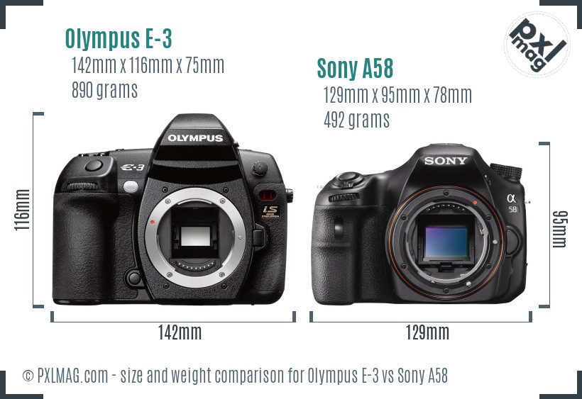 Olympus E-3 vs Sony A58 size comparison