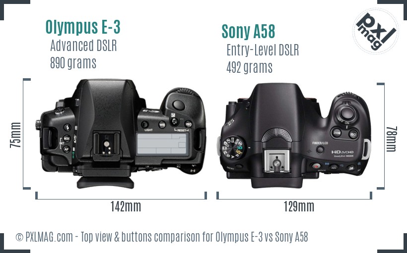 Olympus E-3 vs Sony A58 top view buttons comparison