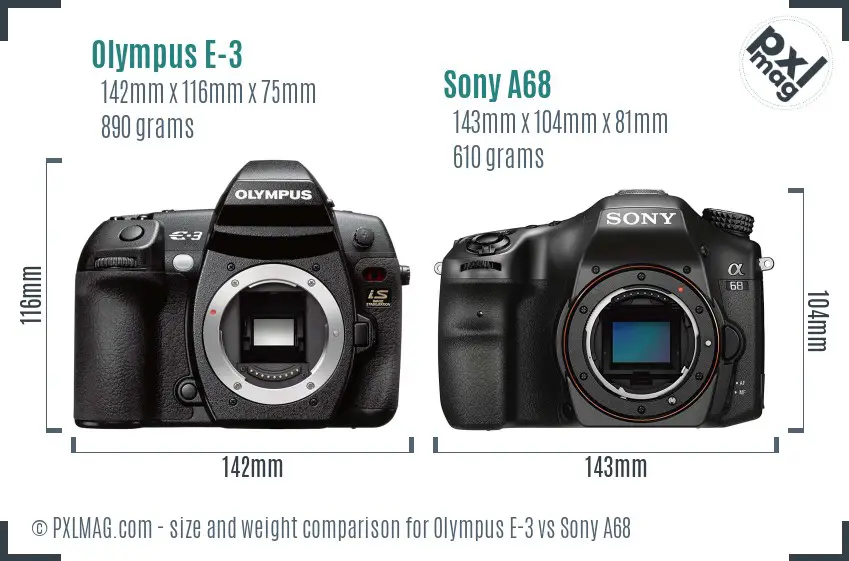 Olympus E-3 vs Sony A68 size comparison