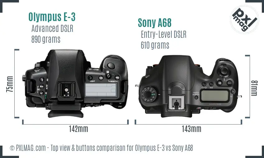 Olympus E-3 vs Sony A68 top view buttons comparison