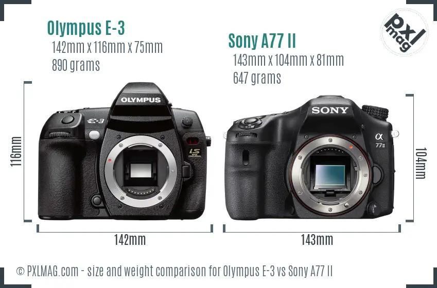 Olympus E-3 vs Sony A77 II size comparison