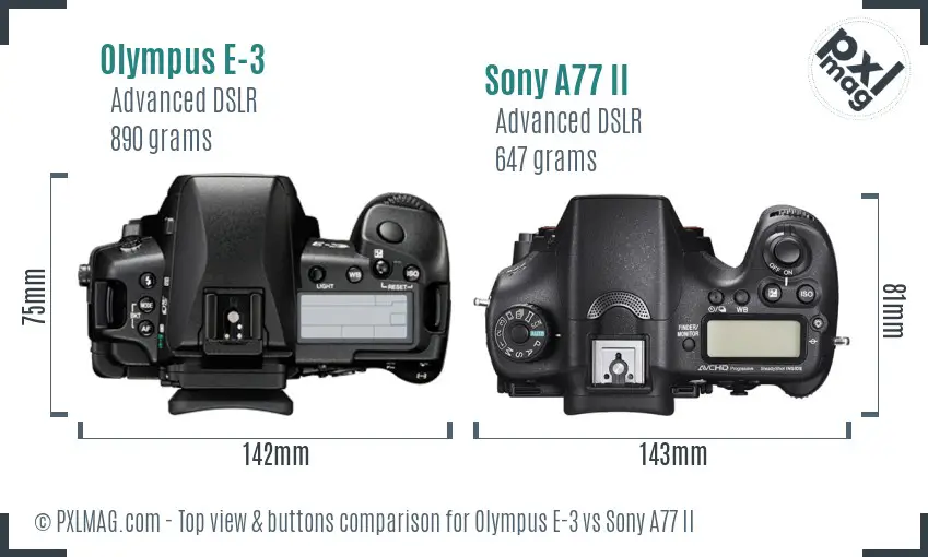 Olympus E-3 vs Sony A77 II top view buttons comparison