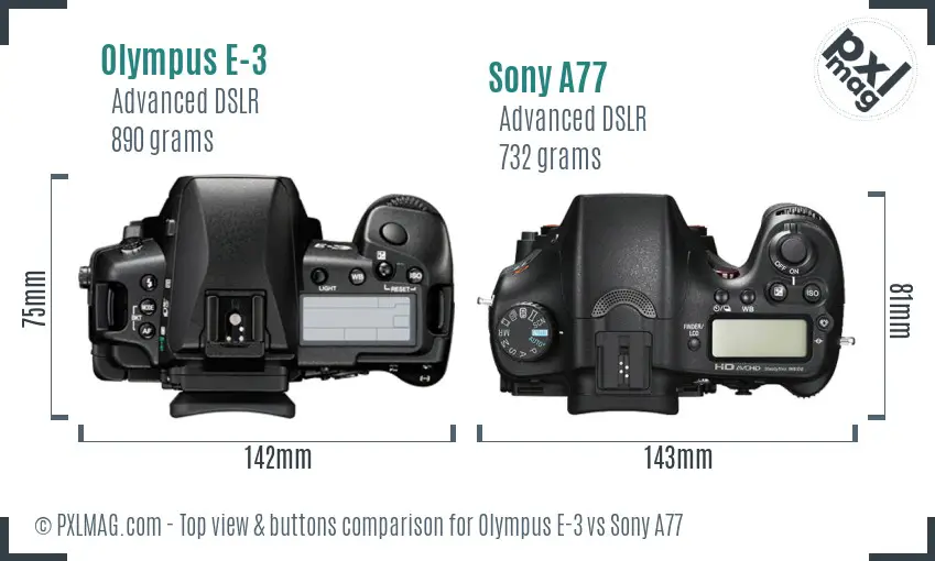 Olympus E-3 vs Sony A77 top view buttons comparison