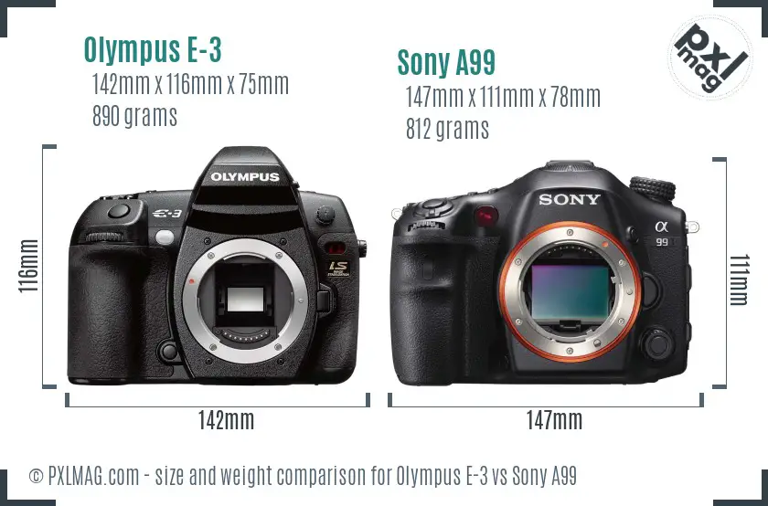 Olympus E-3 vs Sony A99 size comparison