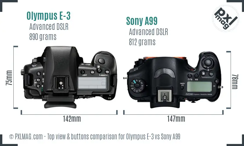 Olympus E-3 vs Sony A99 top view buttons comparison