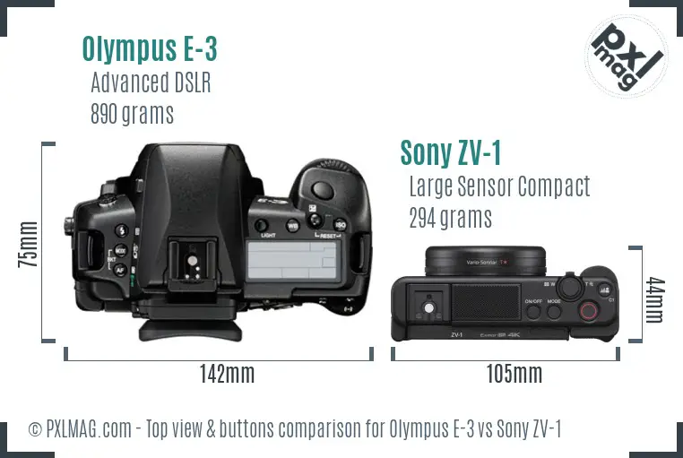 Olympus E-3 vs Sony ZV-1 top view buttons comparison Olympus E-3 vs Sony ZV-1 top view buttons comparison