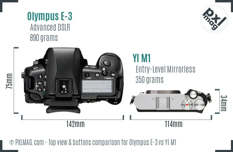 Olympus E-3 vs YI M1 top view buttons comparison