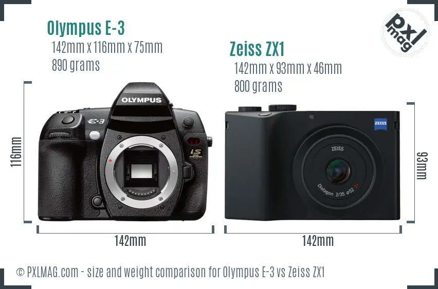 Olympus E-3 vs Zeiss ZX1 size comparison Olympus E-3 vs Zeiss ZX1 size comparison