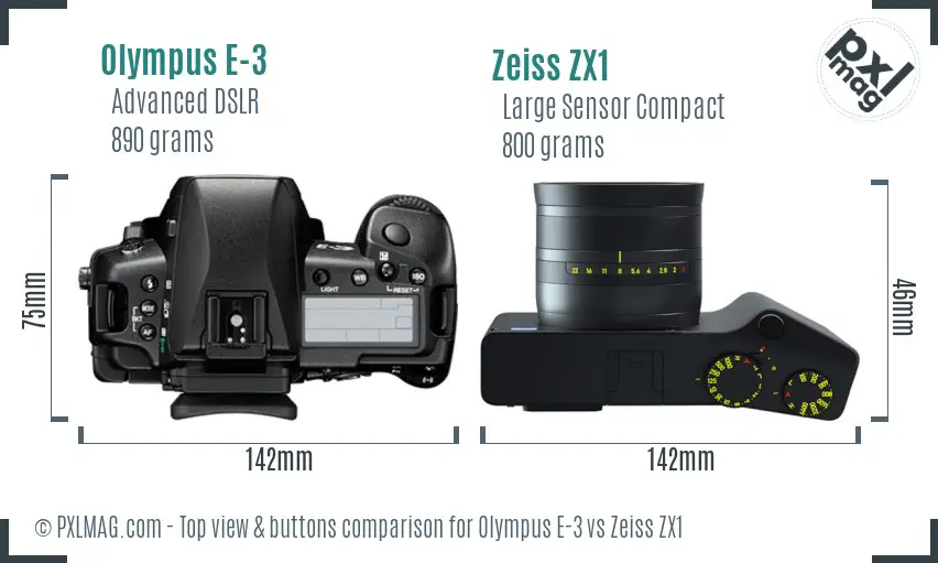 Olympus E-3 vs Zeiss ZX1 top view buttons comparison Olympus E-3 vs Zeiss ZX1 top view buttons comparison