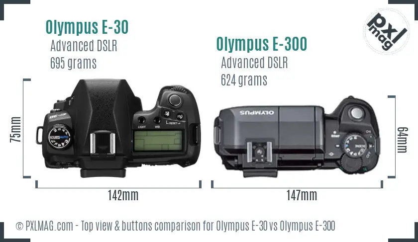 Olympus E-30 vs Olympus E-300 top view buttons comparison