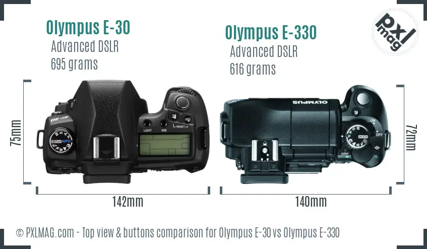 Olympus E-30 vs Olympus E-330 top view buttons comparison