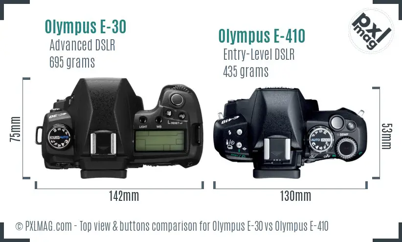 Olympus E-30 vs Olympus E-410 top view buttons comparison
