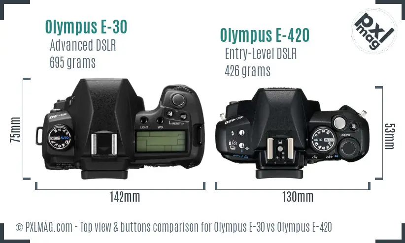 Olympus E-30 vs Olympus E-420 top view buttons comparison