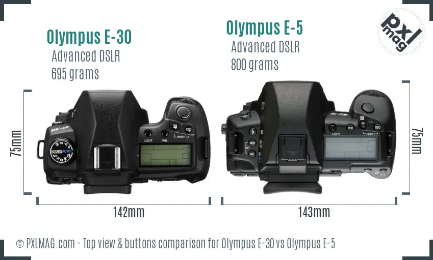 Olympus E-30 vs Olympus E-5 top view buttons comparison