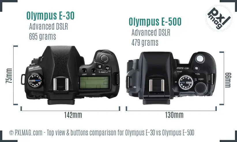 Olympus E-30 vs Olympus E-500 top view buttons comparison