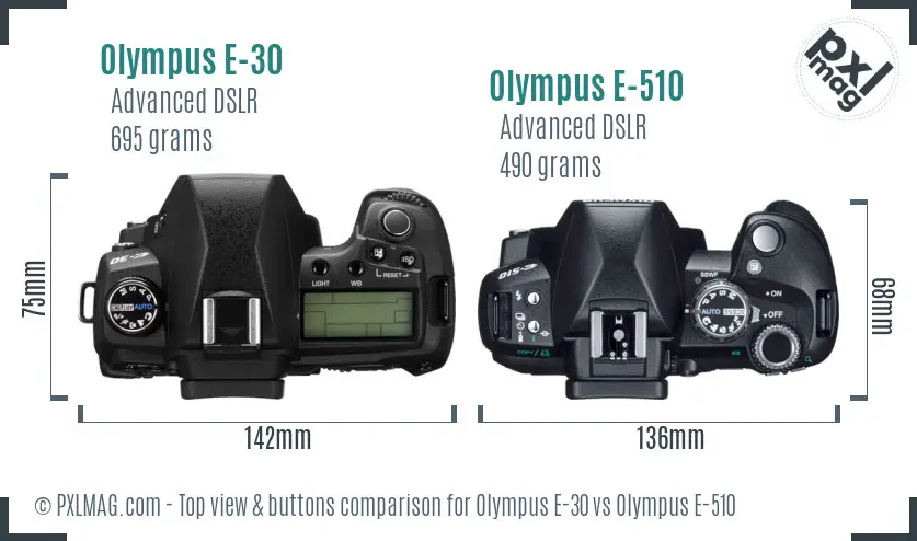 Olympus E-30 vs Olympus E-510 top view buttons comparison