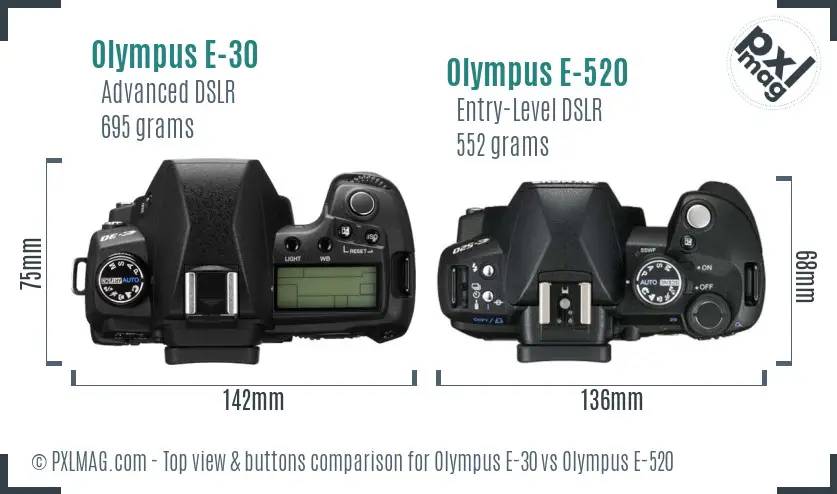 Olympus E-30 vs Olympus E-520 top view buttons comparison