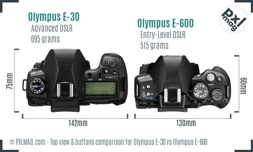 Olympus E-30 vs Olympus E-600 top view buttons comparison