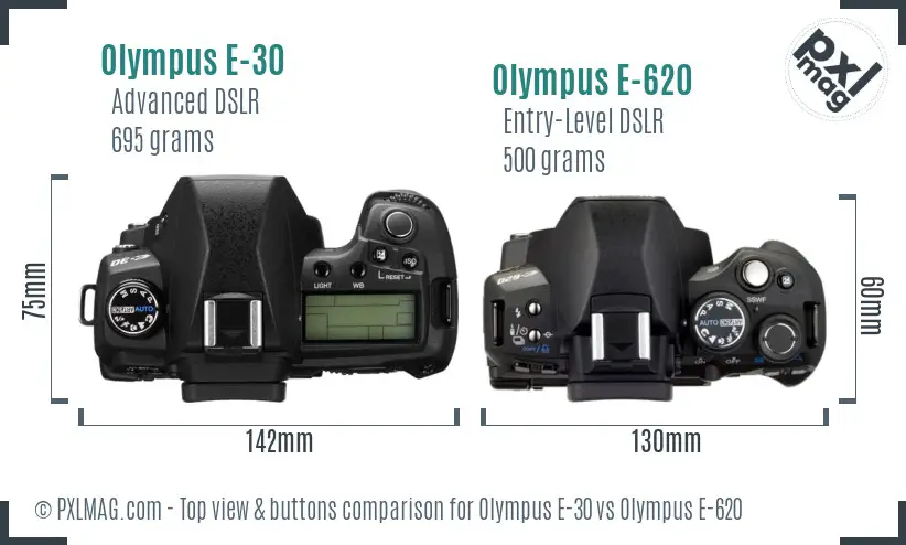 Olympus E-30 vs Olympus E-620 top view buttons comparison