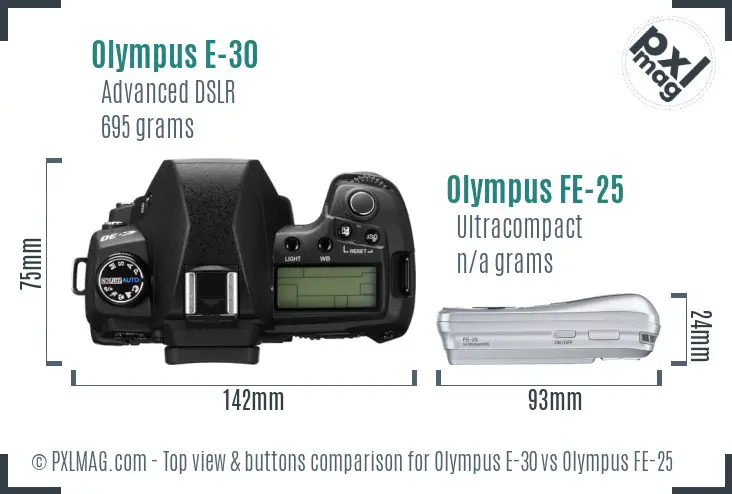 Olympus E-30 vs Olympus FE-25 top view buttons comparison