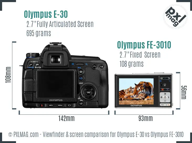 Olympus E-30 vs Olympus FE-3010 Screen and Viewfinder comparison