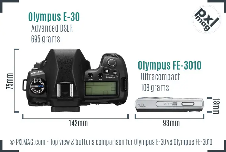 Olympus E-30 vs Olympus FE-3010 top view buttons comparison