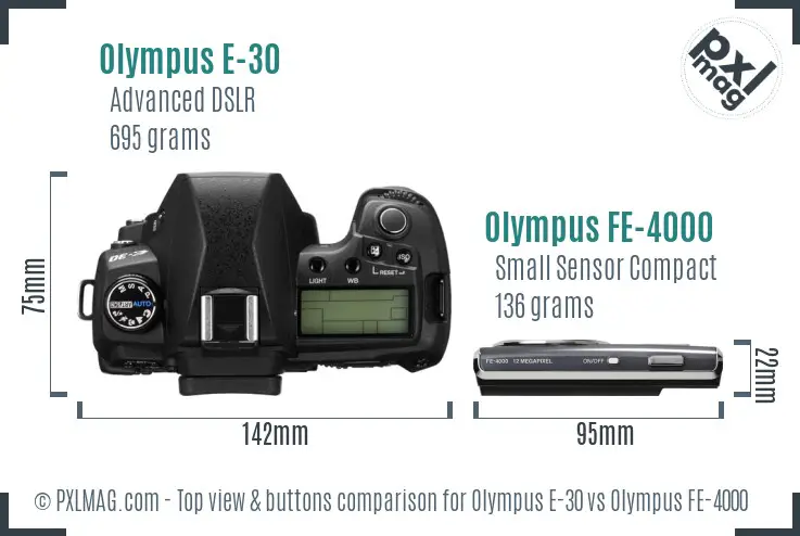 Olympus E-30 vs Olympus FE-4000 top view buttons comparison