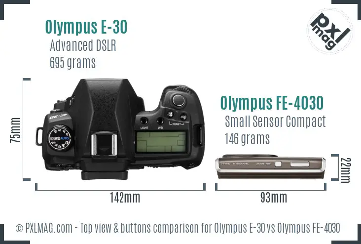 Olympus E-30 vs Olympus FE-4030 top view buttons comparison