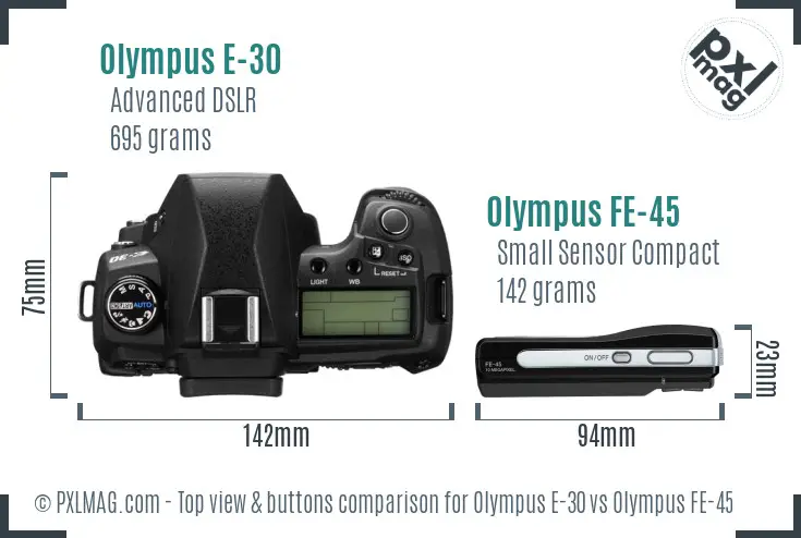 Olympus E-30 vs Olympus FE-45 top view buttons comparison