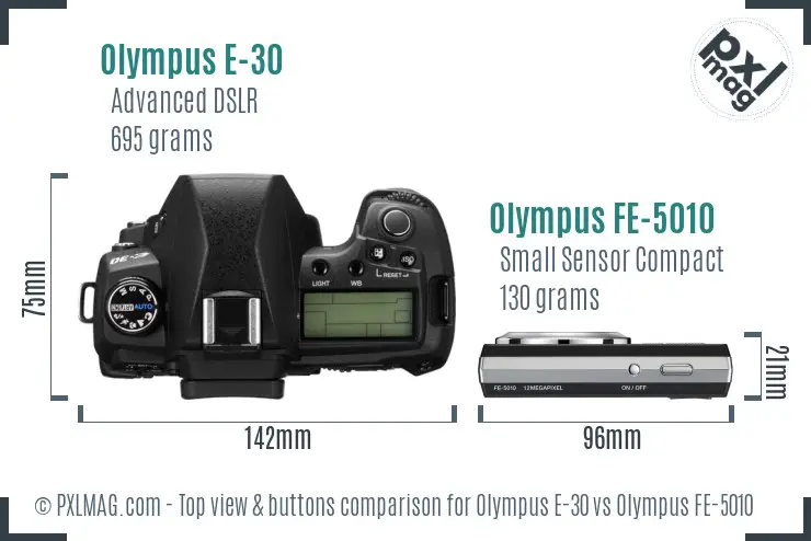 Olympus E-30 vs Olympus FE-5010 top view buttons comparison