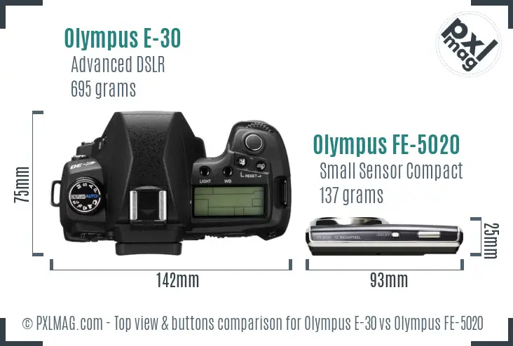 Olympus E-30 vs Olympus FE-5020 top view buttons comparison