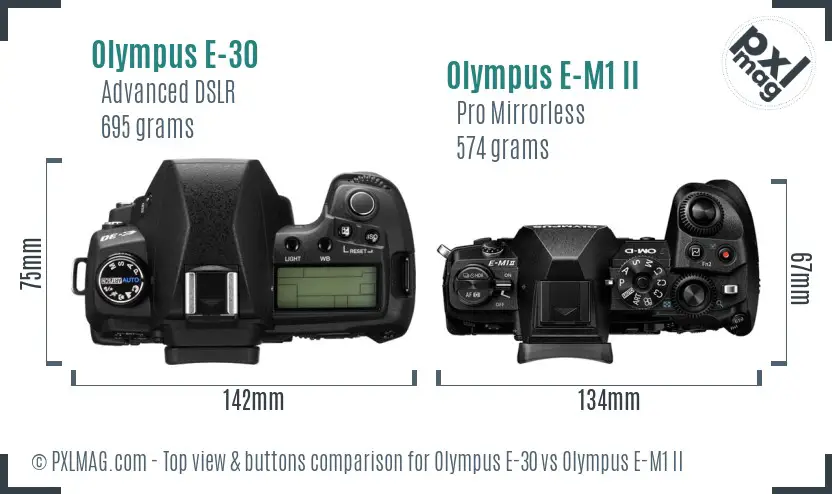 Olympus E-30 vs Olympus E-M1 II top view buttons comparison