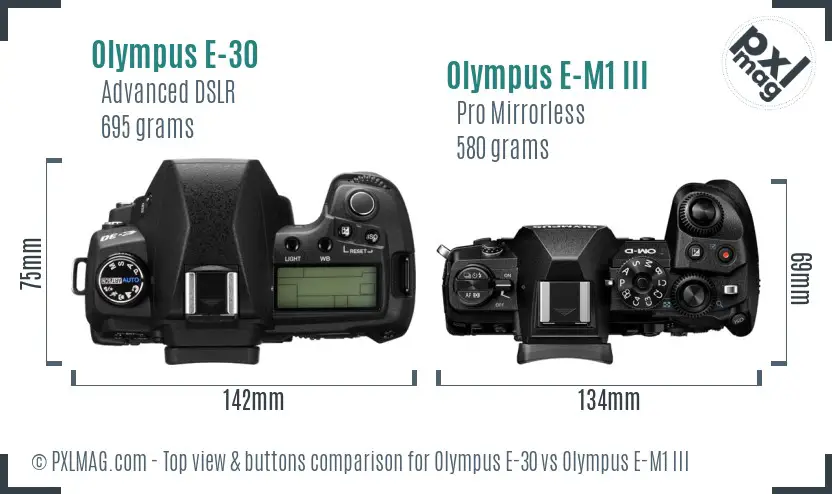Olympus E-30 vs Olympus E-M1 III top view buttons comparison