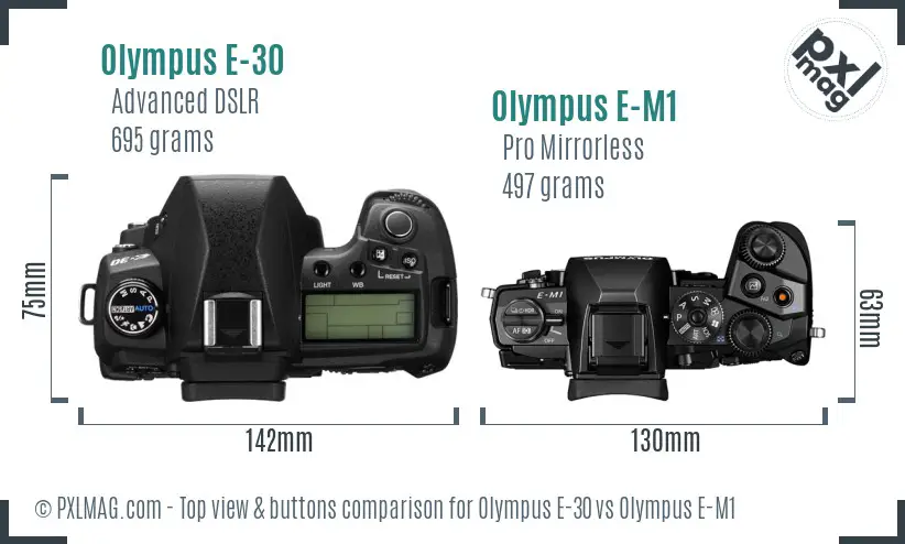 Olympus E-30 vs Olympus E-M1 top view buttons comparison