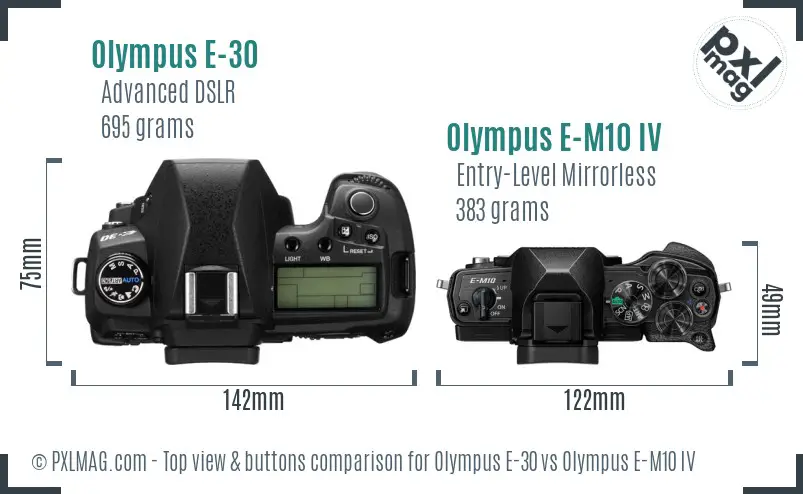 Olympus E-30 vs Olympus E-M10 IV top view buttons comparison