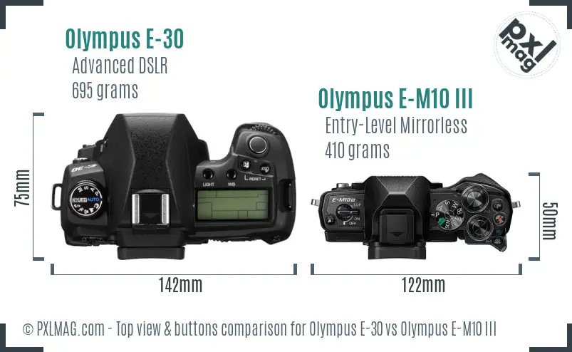 Olympus E-30 vs Olympus E-M10 III top view buttons comparison