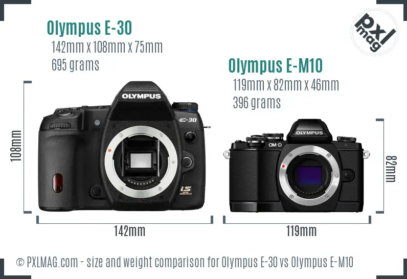 Olympus E-30 vs Olympus E-M10 size comparison