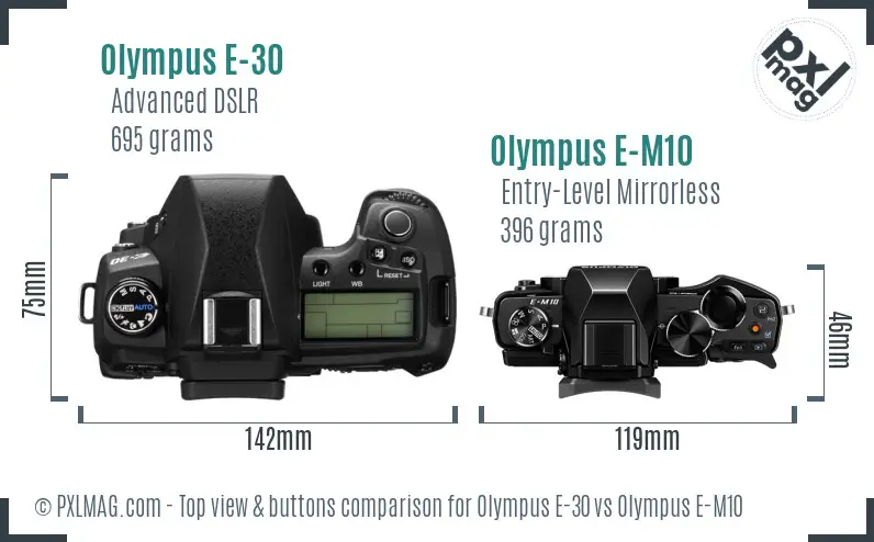 Olympus E-30 vs Olympus E-M10 top view buttons comparison