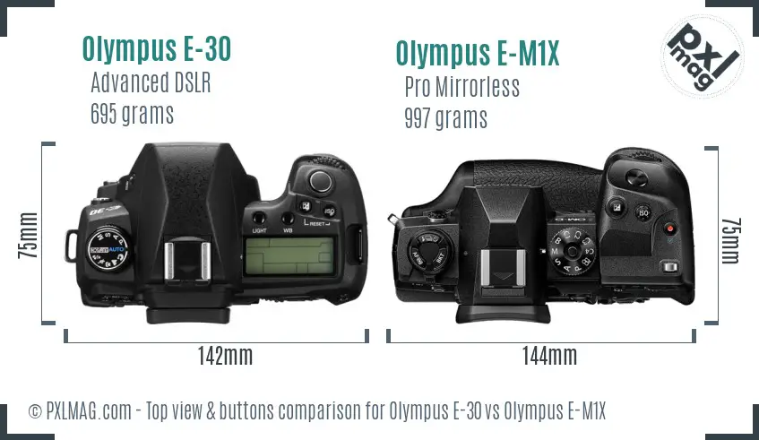 Olympus E-30 vs Olympus E-M1X top view buttons comparison
