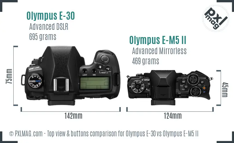 Olympus E-30 vs Olympus E-M5 II top view buttons comparison